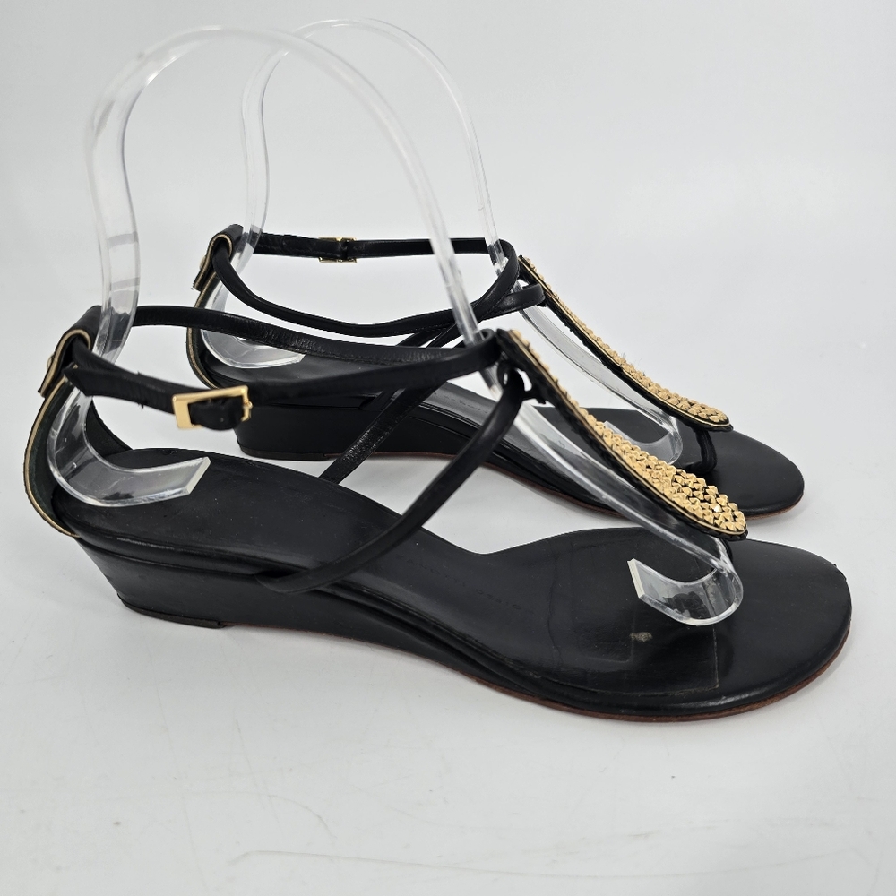 Giuseppe Zanotti Gladiator Black Leather Embellished Sandals Low Wedge Size 37